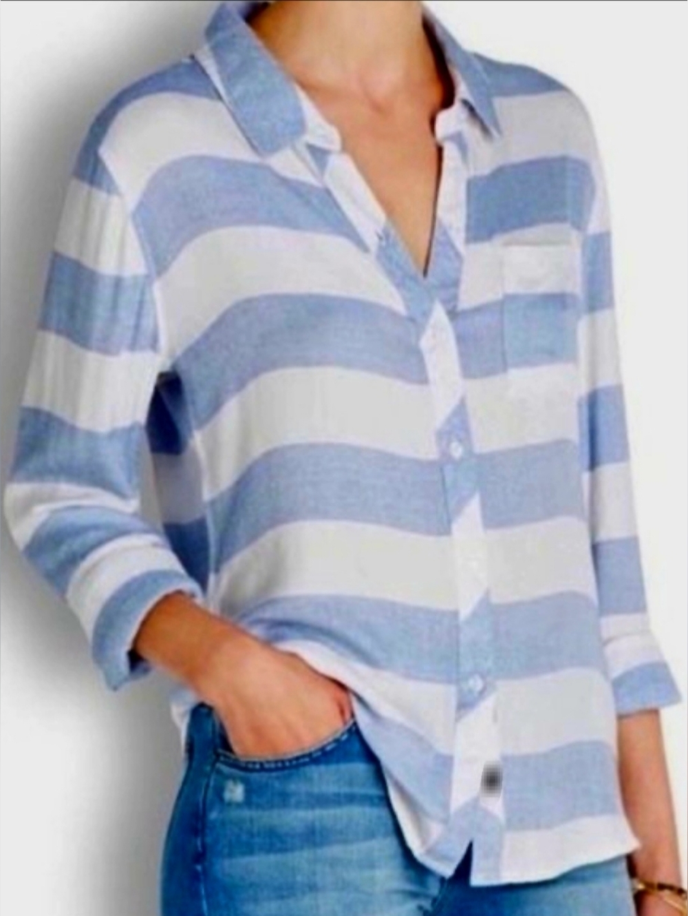 beachlunchlounge 100% Rayon Blue and White Striped Button Shirt Super Soft Large